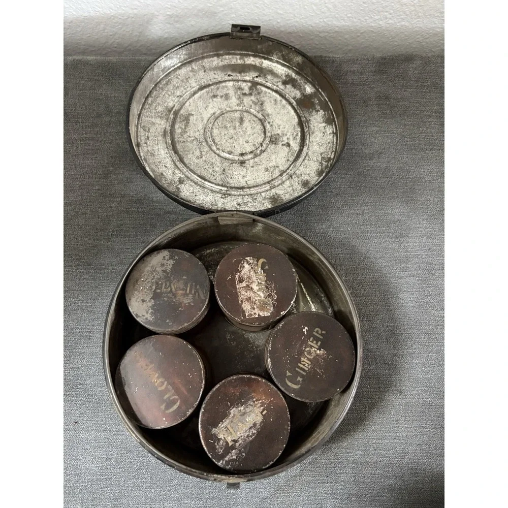 Antique Rustic Americana Spice Tin Canister Travel Set of 5 With Tin Carrier